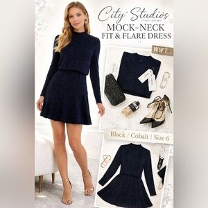 City Studios Black Cobalt Fit & Flare Mini Dress Size Small NWT